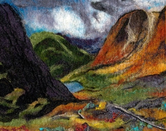 Scottish painting, Glencoe, mountain view, Scotland, limited edition giclee art print, felt landscape, original wool painting
