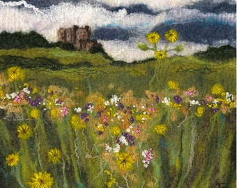 Bamburgh Castle Art Print, Northumberland, Northumbrian, meadow flowers, limited edition,from original felt landscape, wool painting.