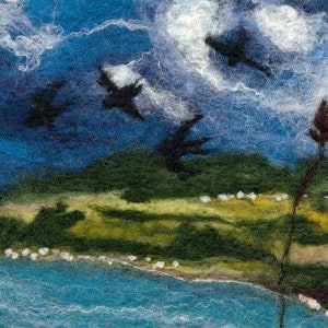 Scottish seacape print, coastal view, Scotland, swallows, limited edition giclee art print, felt landscape, wool painting image 3