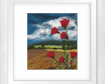 Poppy painting, Poppies, corn field, wild flowers, limited edition giclee art print, from original felt landscape, wool painting