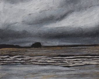 Bass rock, Scottish seascape, sea view, beach art, Belhaven beach, Charcoal and chalk drawing, black and white art
