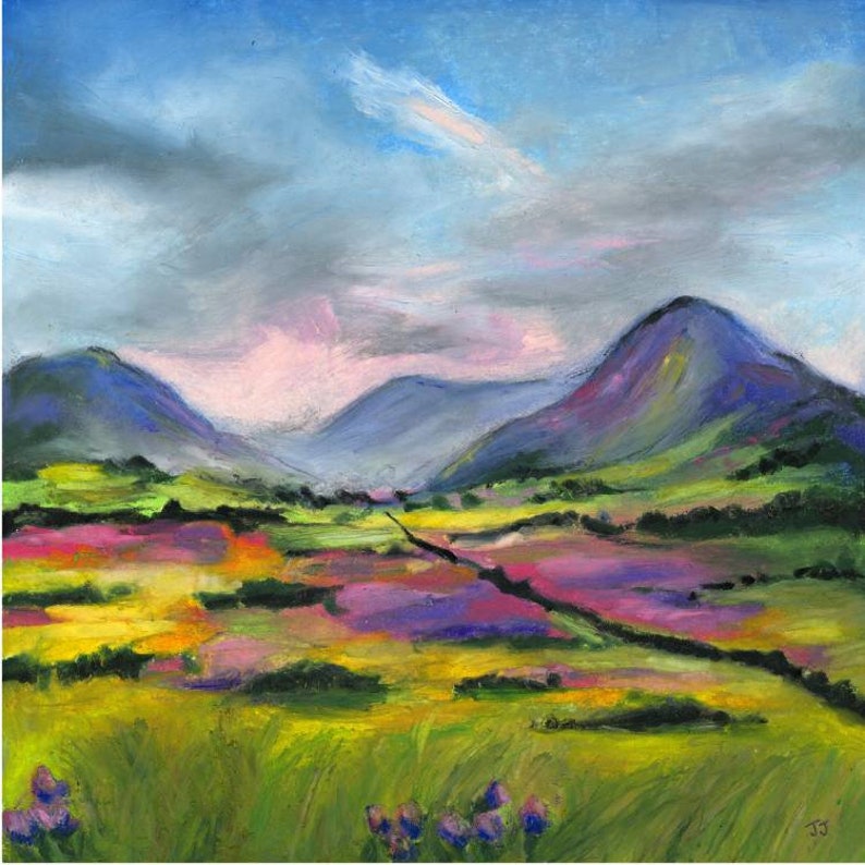 May include: An impressionistic landscape painting featuring rolling hills and a vibrant field of wildflowers. The sky transitions from blue to pink, with mountains in the background. The artwork uses a variety of colors, including green, purple, yellow, and blue.