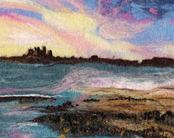 Bamburgh Castle, Northumberland painting, Northumbrian seascape, Holy Island, limited edition art print, felt landscape, wool painting
