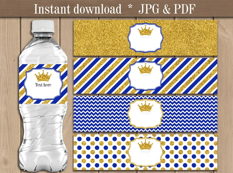 Royal blue and Gold Water bottle Labels. Prince Crown bottle Etsy