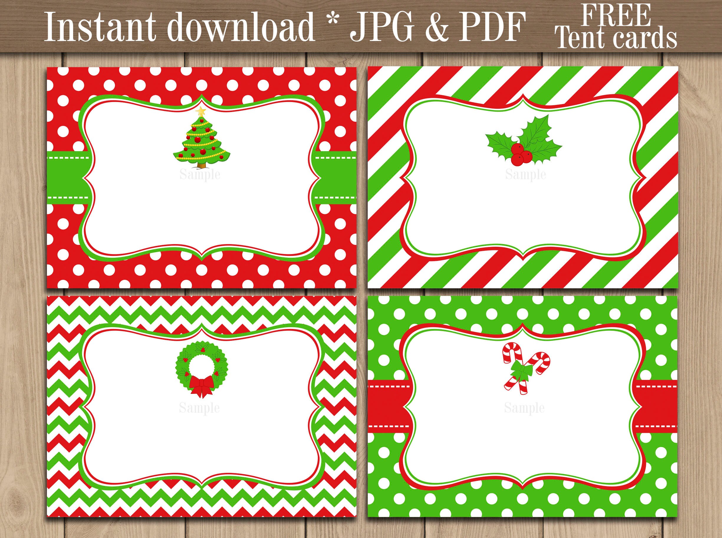 Christmas Labels. Christmas Tent cards. Red Green labels.  Etsy For Free Printable Tent Card Template