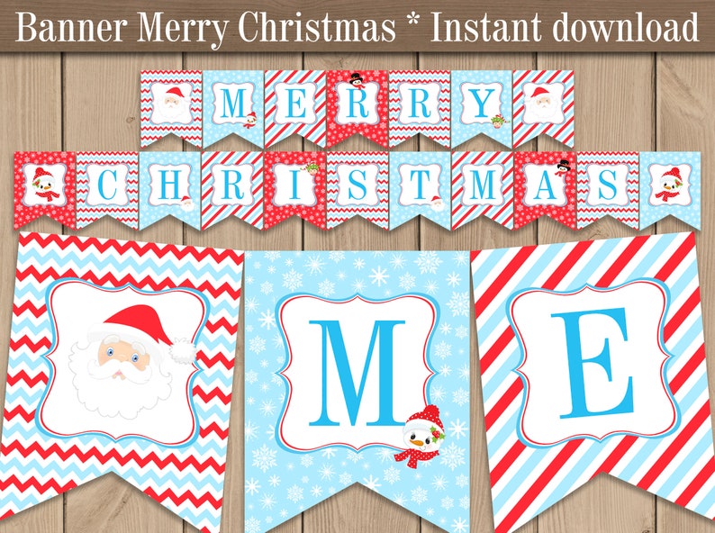 Merry Christmas Banner printable. Blue and Red Christmas Party | Etsy