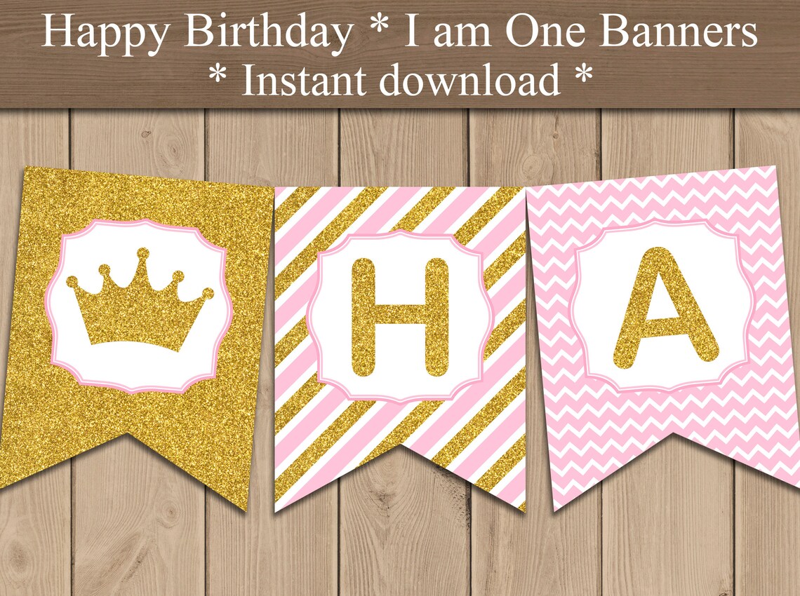 Princess Banner printable. Pink Gold Crown banner. Happy | Etsy