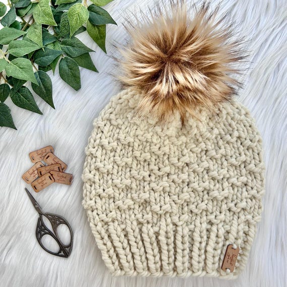 faux fur cream beanie with fur pom pom