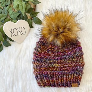 Women’s Luxury OOAK Textured Beanie - Multi - Faux Fur Pom