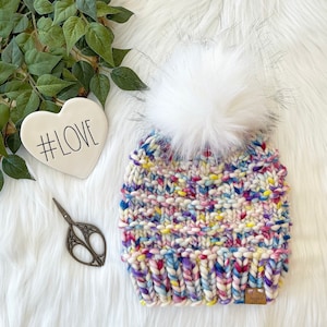 Women’s Luxury OOAK Textured Beanie - Bright and Beautiful - Snow Owl Faux Fur Pom