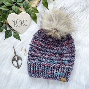 Women’s Luxury OOAK Textured Beanie - Purples/Blues (lotus) -  Coyote Faux Fur Pom