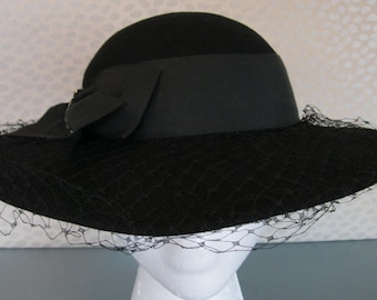 Hollywood Glamour Black Wool Hat With Large Bow and Rhinestones / Free Shipping Within USA Lower 48
