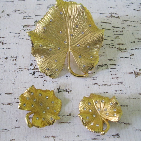 Gingko Leaf Brooch and Matching Clip Earrings / Gold Tone Brooch and Earrings With Rhinestones  / Vintage Costume Jewelry