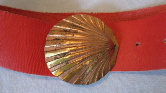 Raspberry Red Leather Belt With Copper Clam Shell - image 4