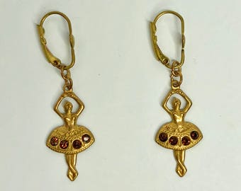 Vintage Ballerina Earrings Natural Brass Pendants with Vintage Smoked Topaz Swarovski Crystals and  Aged Raw Brass Lever Backs with Hearts!