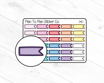 Può includere: Un foglio di adesivi colorati per planner con diverse forme di banner. Gli adesivi sono in tonalità di rosa, rosso, arancione, giallo, blu e viola. Il foglio è etichettato "Plan To Plan Sticker Co." e "2461".