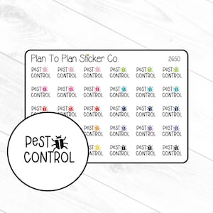May include: A sheet of stickers with the text "Plan To Plan Sticker Co." and "2650". The stickers feature a bug icon and the text "Pest Control" in various colors.
