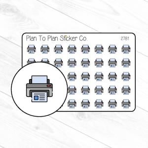 May include: A sheet of planner stickers featuring a repeating pattern of printer icons. The stickers are in a rectangular shape with rounded corners. A circular close-up shows a printer icon with a document. The text "Plan To Plan Sticker Co." and "2781" are visible.