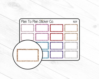 May include: A sheet of 12 planner stickers with various glitter borders. The stickers are rectangular and have a white background. The text "Plan To Plan Sticker Co." is at the top of the sheet. The number "1609" is in the top right corner.