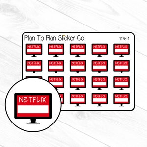 May include: A sheet of 16 red and white Netflix logo stickers. The stickers are arranged in a grid pattern and feature the Netflix logo with the word "Netflix" in white text. The sheet is labeled "Plan To Plan Sticker Co." and "1476-1".