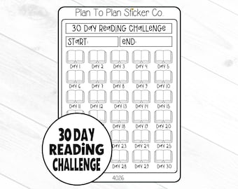 May include: A black and white printable planner sticker with the text "30 Day Reading Challenge" and a graphic of an open book. The sticker has 30 spaces to track reading progress.