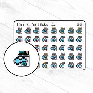 May include: A sheet of 36 colorful stickers featuring a washing machine with a laundry basket on top. The stickers are designed for planners and organizers. The text "Plan To Plan Sticker Co." and "2828" are printed on the sheet.