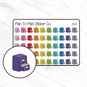 May include: A sheet of colorful stickers featuring a cartoon illustration of a filing cabinet. The stickers are arranged in a grid pattern and are labeled "Plan To Plan Sticker Co." and "2033".