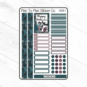 Puede incluir: Una hoja de pegatinas para planificador con tem&aacute;tica de Halloween. La hoja presenta un rect&aacute;ngulo central con el texto "Happy Halloween" y elementos decorativos. Incluye tiras, cajas y puntos en verde azulado, morado y blanco.