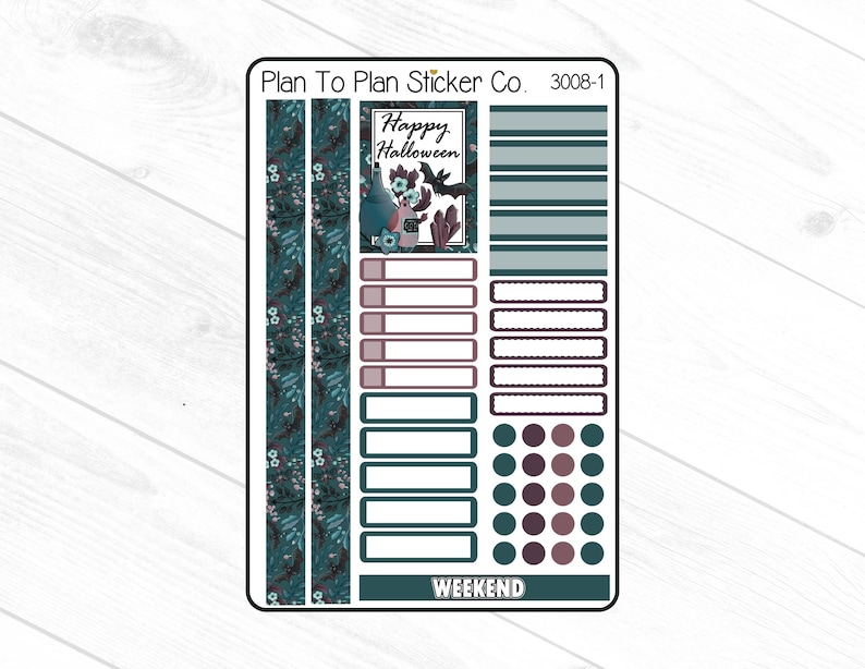 Puede incluir: Una hoja de pegatinas para planificador con tem&aacute;tica de Halloween. La hoja presenta un rect&aacute;ngulo central con el texto "Happy Halloween" y elementos decorativos. Incluye tiras, cajas y puntos en verde azulado, morado y blanco.