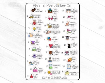 May include: A sticker sheet from Plan To Plan Sticker Co. featuring colorful illustrations for each day of October 2026. Includes images for International Coffee Day, National Boyfriend Day, and more. The sheet is rectangular with a black border.