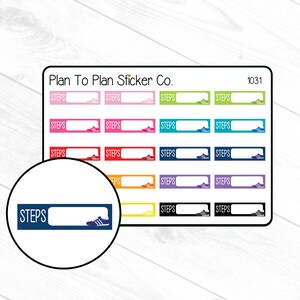 May include: A sheet of colorful stickers with a running shoe graphic and the word "STEPS" on each sticker. The stickers are arranged in rows of two, with each row featuring a different color. The sheet is labeled "Plan To Plan Sticker Co." and "1031".