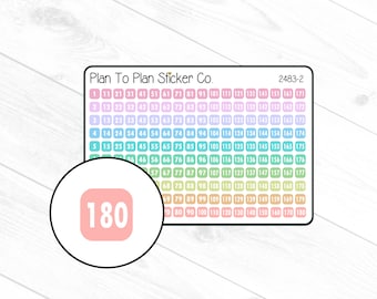 Op de afbeelding: Een stickerblad met een regenboogkleurige gradiënt met de nummers 1 tot en met 180. Het stickerblad is gelabeld met "Plan To Plan Sticker Co." en "2483-2".
