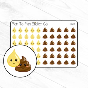 May include: A sheet of 48 stickers featuring a variety of cute poop and raindrop designs. The stickers are white with brown and yellow accents. The sheet is labeled "Plan To Plan Sticker Co." and "2601".
