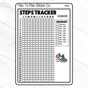 May include: A black and white printable planner sticker with a grid for tracking steps in pixels. The sticker has a color key for steps taken, ranging from 3,000 or less to 18,000 or more. The months of the year are listed across the top, and the days of the month are listed down the side. The sticker also includes a small illustration of a running shoe.