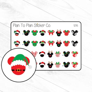 May include: A sheet of 36 Christmas themed stickers featuring Mickey Mouse and Minnie Mouse in various holiday outfits. The stickers are arranged in a grid pattern and include characters wearing Santa hats, reindeer antlers, and elf hats. The text "Plan To Plan Sticker Co." and "1295" are printed at the top of the sheet.