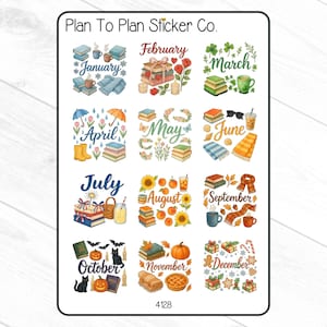 May include: A sticker sheet featuring watercolor illustrations for each month of the year. Each month is represented with themed images, such as books, flowers, and seasonal items. The text "Plan To Plan Sticker Co." is at the top.