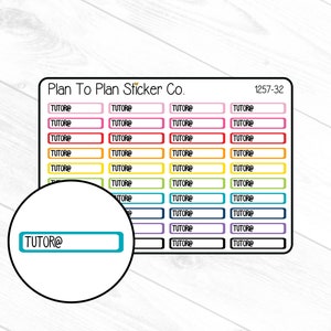May include: A sheet of colorful planner stickers with the text "Plan To Plan Sticker Co." and "1257-32". The stickers are rectangular and have a white background with black text that says "TUTOR". The stickers are arranged in a grid pattern and are in the following colors: pink, red, orange, yellow, green, blue, navy, purple, and black.