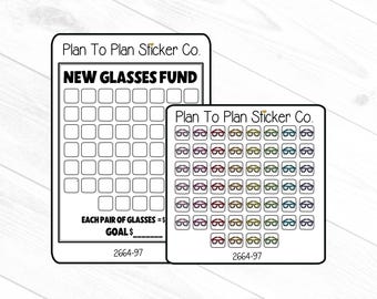 May include: Two white stickers with black borders. The larger sticker reads "NEW GLASSES FUND" with a grid for tracking savings. The smaller sticker features rows of glasses icons. Both stickers are from "Plan To Plan Sticker Co."