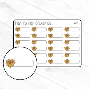 May include: A sheet of 12 brown cardboard box stickers with blank white labels. The stickers are for a planner or journal and say "Plan To Plan Sticker Co." and "1459" at the top.