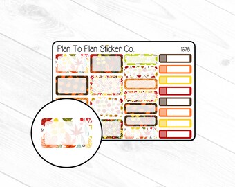 May include: A sheet of planner stickers with a fall theme. The stickers feature a variety of fall colors and patterns, including orange, yellow, red, and brown. The stickers are designed to be used in a planner or journal. The text "Plan To Plan Sticker Co." and "1678" are printed on the sheet.