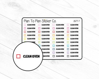 May include: A sheet of colorful stickers with the text "Clean Oven" and a checkbox. The stickers are in various colors, including red, pink, yellow, green, blue, and purple. The text "Plan To Plan Sticker Co." and "2677-7" are also visible.