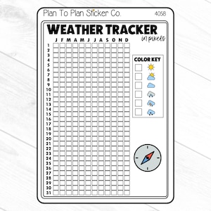 May include: A black and white weather tracker sticker with a grid of 31 days for each month of the year. The sticker includes a compass and a color key with icons for sunny, cloudy, rainy, and snowy weather.