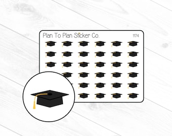 May include: A sheet of 30 black and gold graduation cap stickers. The sheet is white with the text "Plan To Plan Sticker Co." and "1174" printed on it.