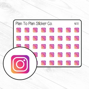 May include: A sheet of 49 Instagram logo stickers in a gradient of pink and orange. The sheet is white with black borders and the text "Plan To Plan Sticker Co." and "#1672" in black.