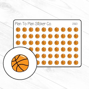 May include: A sheet of 63 orange basketball stickers with a white outline. The sheet is labeled "Plan To Plan Sticker Co." and "2063".