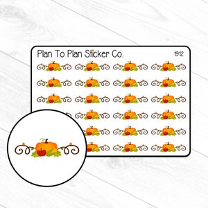 May include: A sheet of 36 stickers featuring a pumpkin with a stem and leaves, surrounded by a decorative swirl design. The stickers are labeled "Plan To Plan Sticker Co." and "1912".