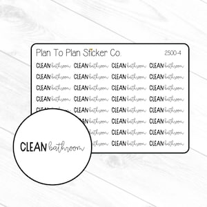 May include: A sheet of stickers with the text "CLEAN bathroom" repeated multiple times. The stickers are designed for use in a home or office.