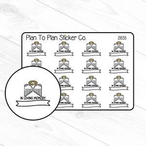 May include: A sheet of 15 stickers featuring a black and white angel wing design with a gold halo and the text "In Loving Memory".