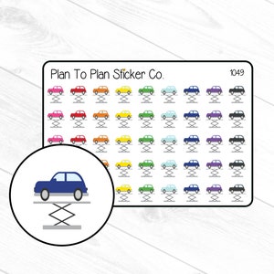 May include: A sheet of stickers featuring a car on a lift in various colors, including pink, red, orange, yellow, green, blue, purple, and black. The sheet is labeled "Plan To Plan Sticker Co." and "1049".