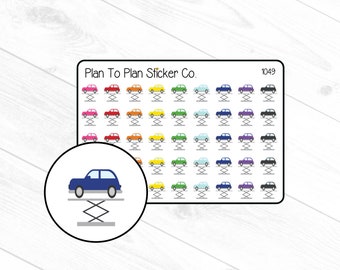 May include: A sheet of stickers featuring a car on a lift in various colors, including pink, red, orange, yellow, green, blue, purple, and black. The sheet is labeled "Plan To Plan Sticker Co." and "1049".
